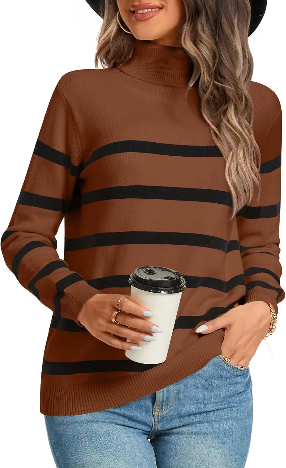 LONGYUAN Women Winter Turtle Necks Striped Knit Sweater Long Sleeve Pullover Casual Color Block Spring Tops 2025
