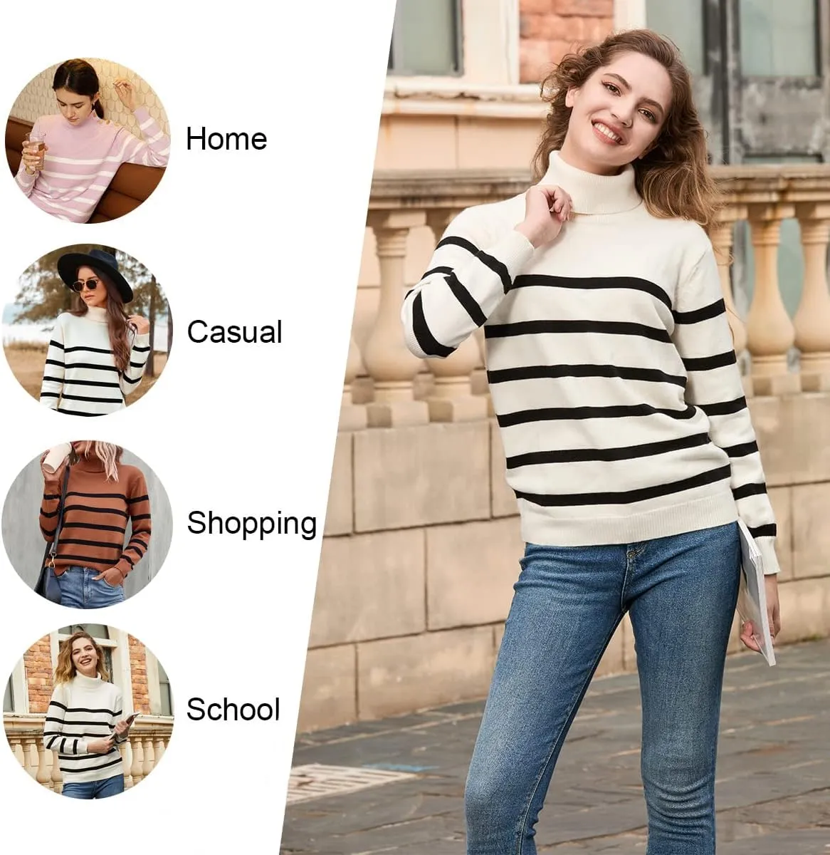 LONGYUAN Women Winter Turtle Necks Striped Knit Sweater Long Sleeve Pullover Casual Color Block Spring Tops 2025