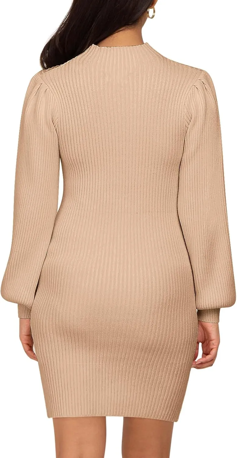Lueluoye Maternity Sweater Dress for Pregnant Women Turtleneck Puff Sleeve Knit Slim Fit Bodycon Mini Dress