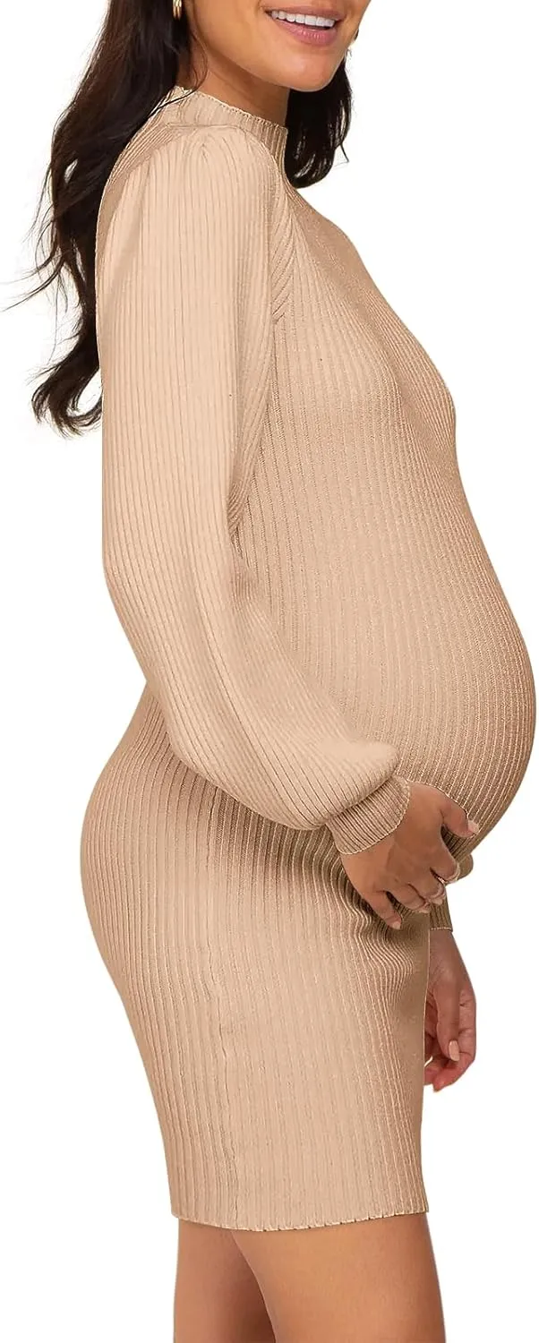 Lueluoye Maternity Sweater Dress for Pregnant Women Turtleneck Puff Sleeve Knit Slim Fit Bodycon Mini Dress