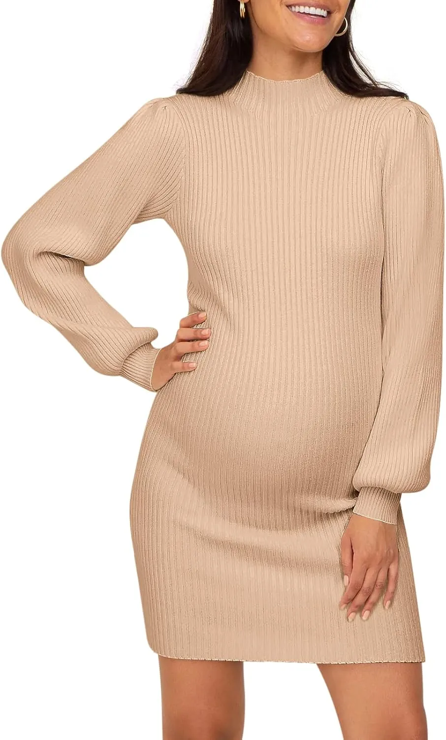 Lueluoye Maternity Sweater Dress for Pregnant Women Turtleneck Puff Sleeve Knit Slim Fit Bodycon Mini Dress