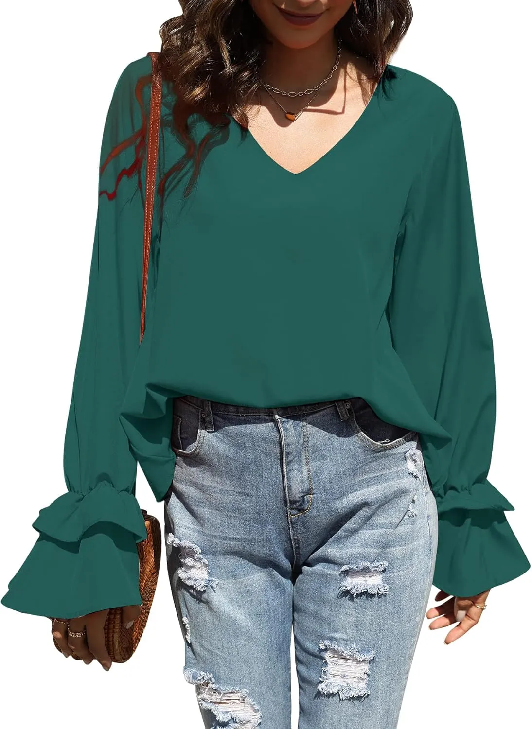 LYANER Women's Casual V Neck Tiered Ruffle Bell Long Sleeve Blouse Shirt Tunic Top
