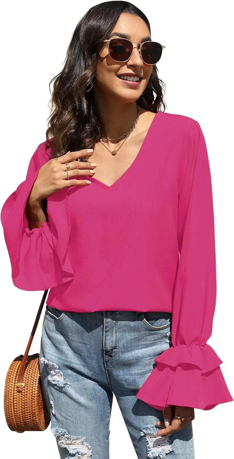 LYANER Women's Casual V Neck Tiered Ruffle Bell Long Sleeve Blouse Shirt Tunic Top