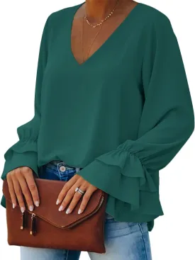 LYANER Women's Casual V Neck Tiered Ruffle Bell Long Sleeve Blouse Shirt Tunic Top