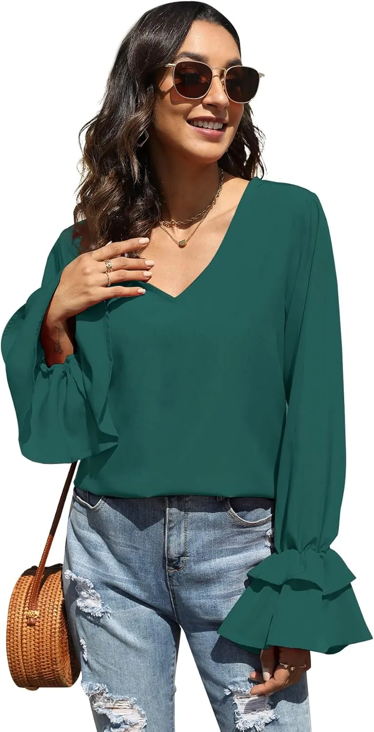 LYANER Women's Casual V Neck Tiered Ruffle Bell Long Sleeve Blouse Shirt Tunic Top