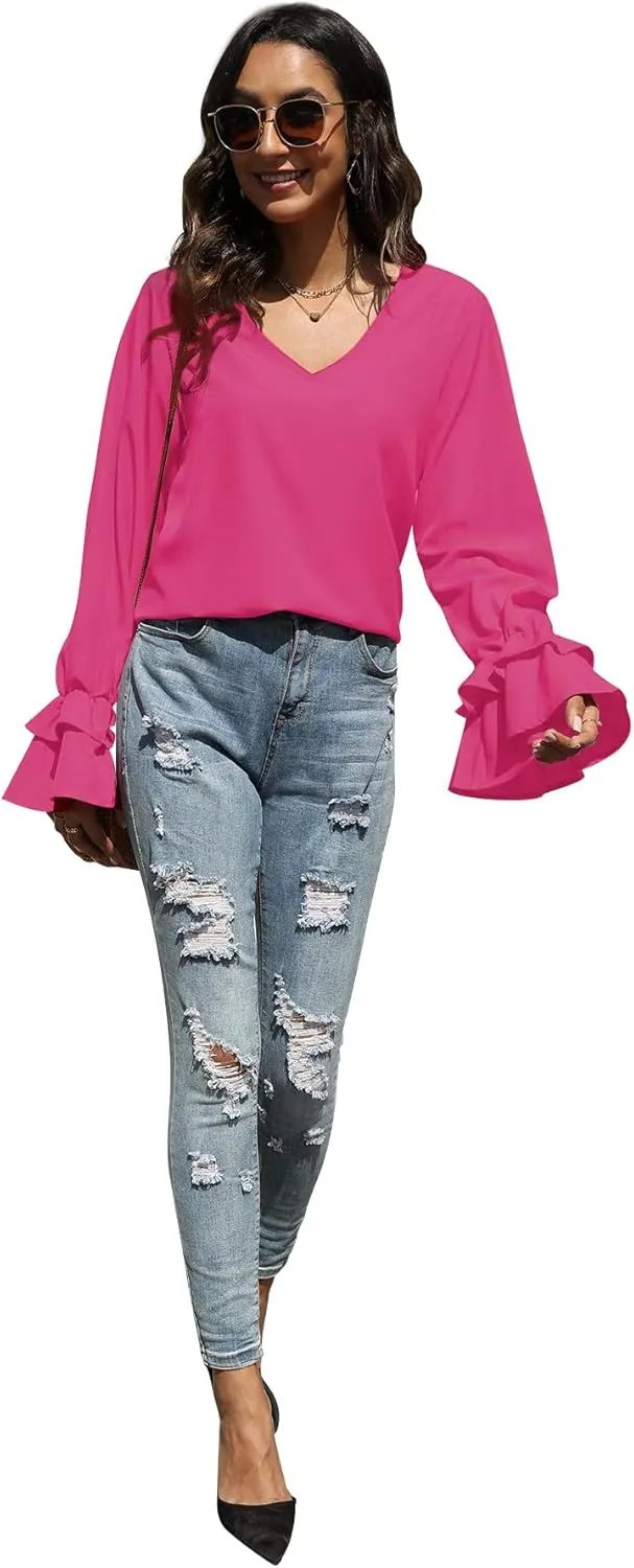 LYANER Women's Casual V Neck Tiered Ruffle Bell Long Sleeve Blouse Shirt Tunic Top
