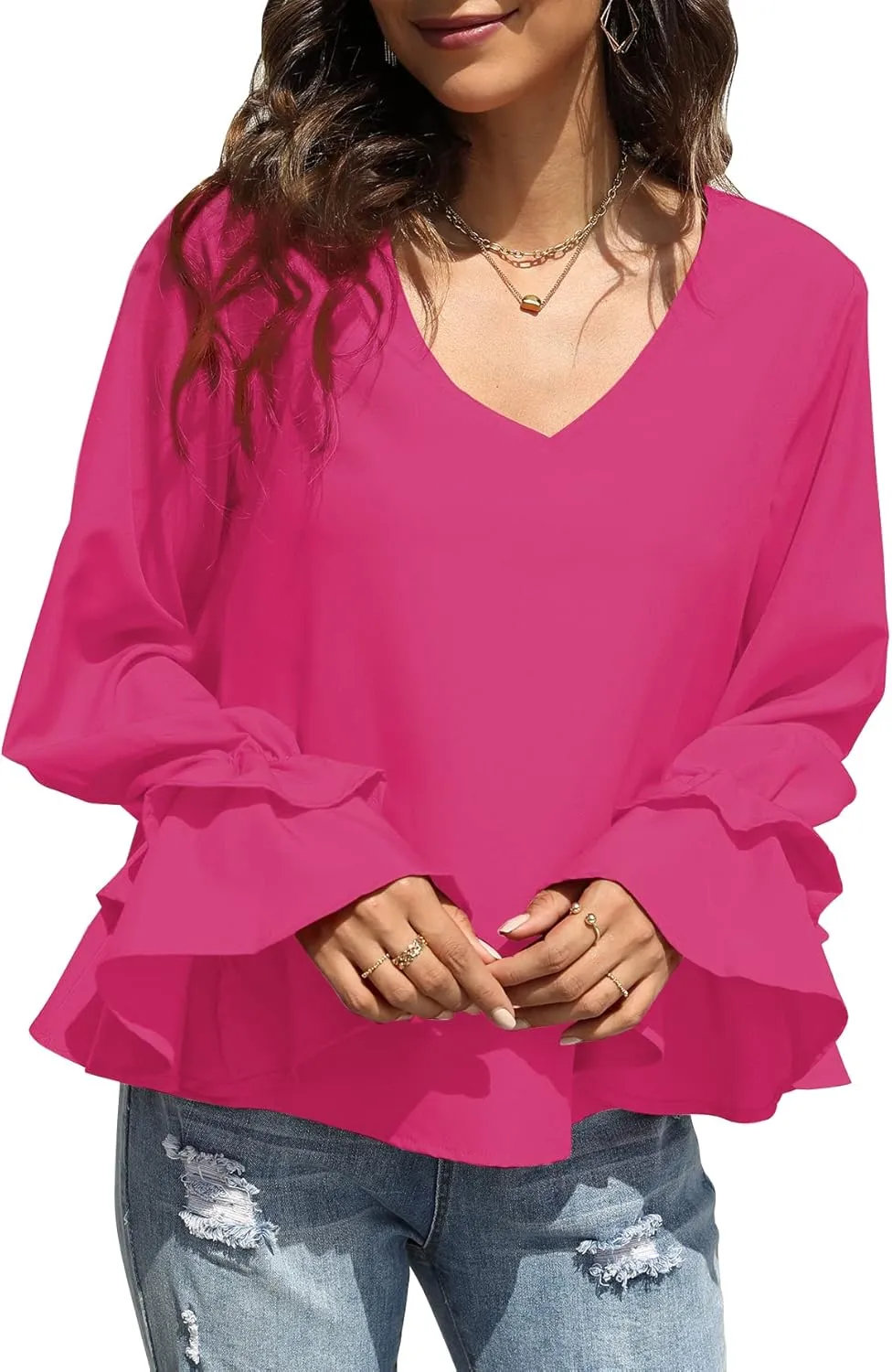 LYANER Women's Casual V Neck Tiered Ruffle Bell Long Sleeve Blouse Shirt Tunic Top