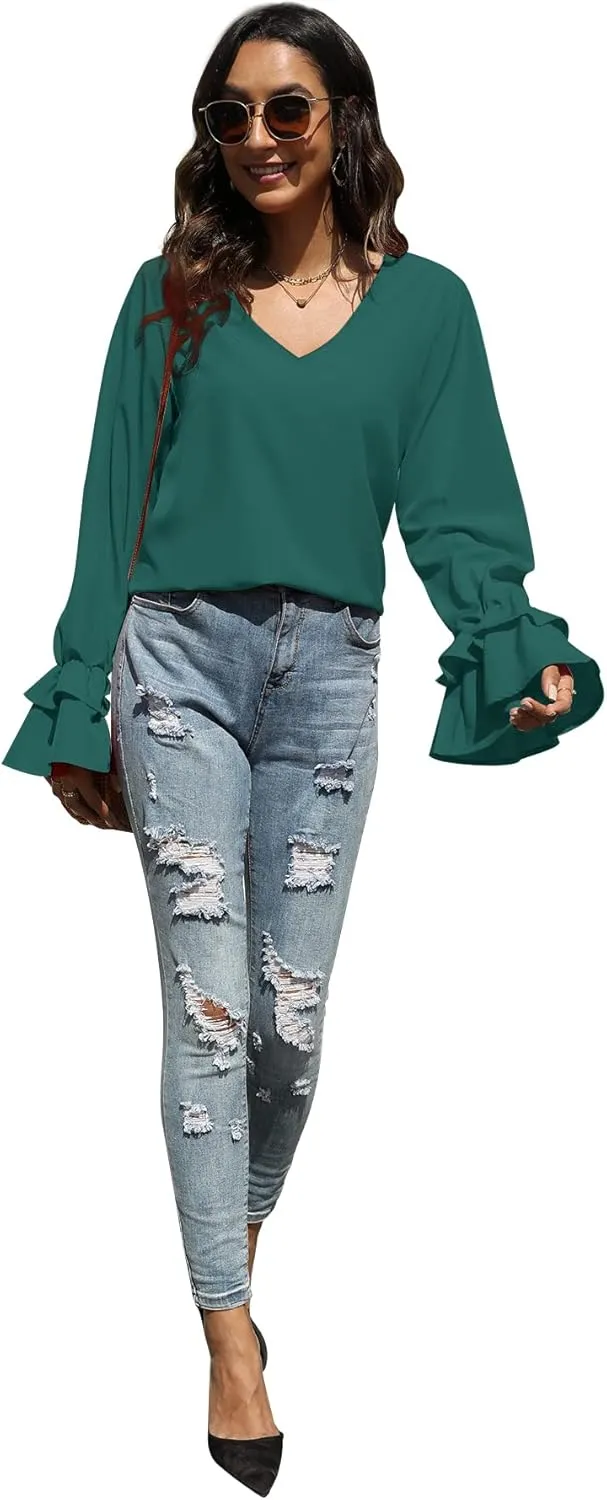LYANER Women's Casual V Neck Tiered Ruffle Bell Long Sleeve Blouse Shirt Tunic Top