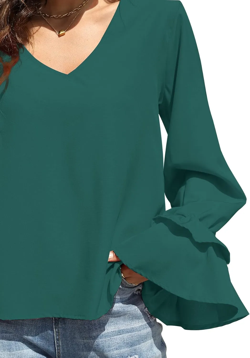 LYANER Women's Casual V Neck Tiered Ruffle Bell Long Sleeve Blouse Shirt Tunic Top