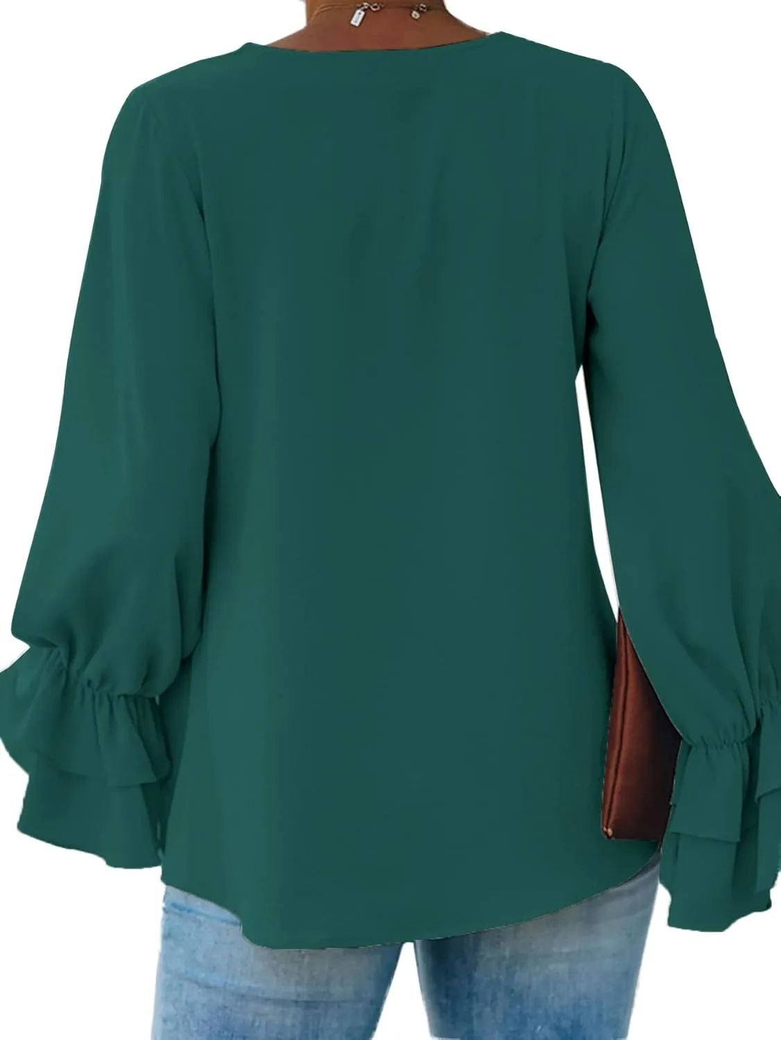 LYANER Women's Casual V Neck Tiered Ruffle Bell Long Sleeve Blouse Shirt Tunic Top