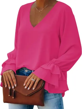 LYANER Women's Casual V Neck Tiered Ruffle Bell Long Sleeve Blouse Shirt Tunic Top