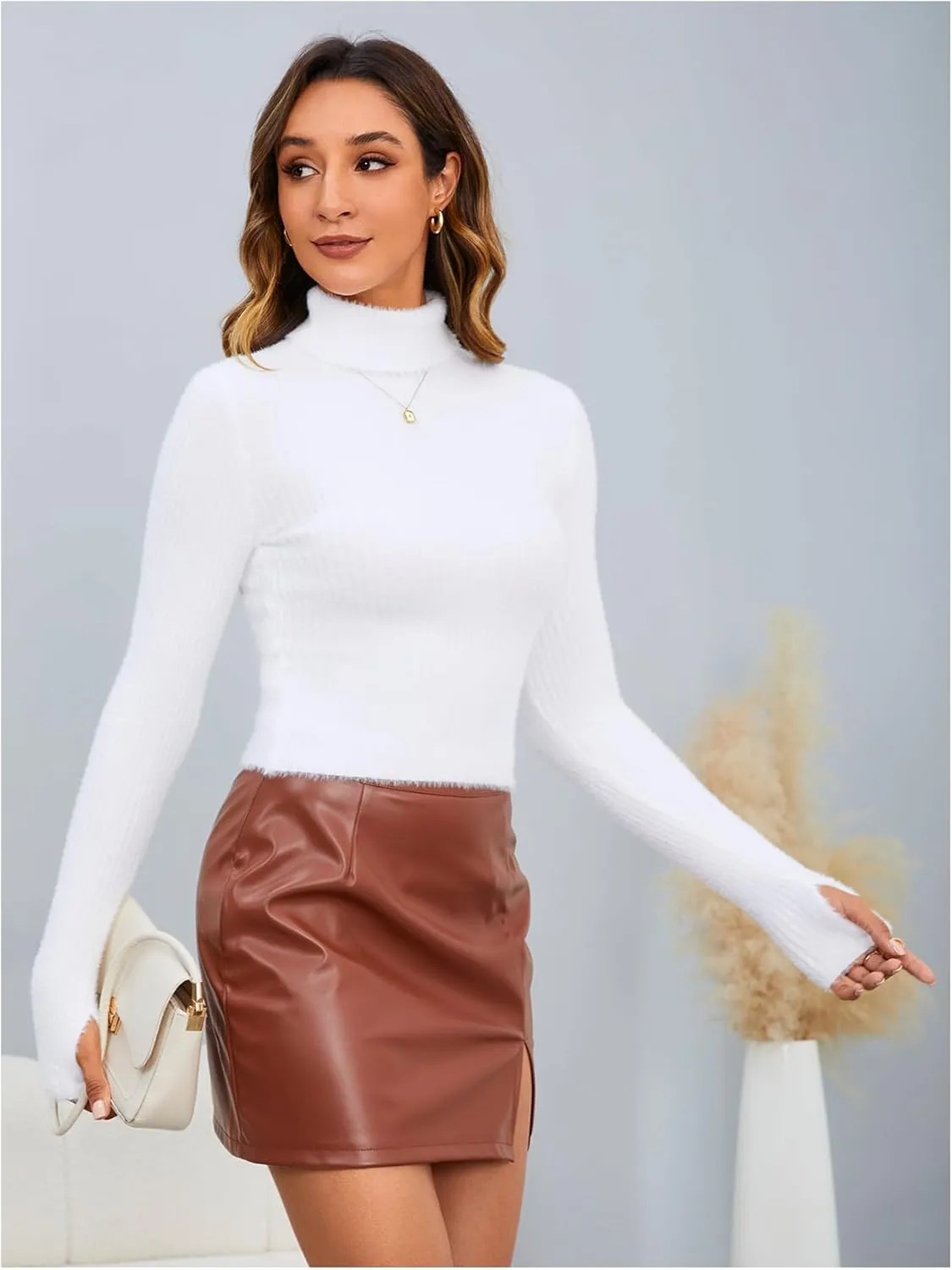 MakeMeChic Women's Fuzzy Turtleneck Sweater Slim Fit Long Sleeve Ribbed Knit Crop Sweater Pullover