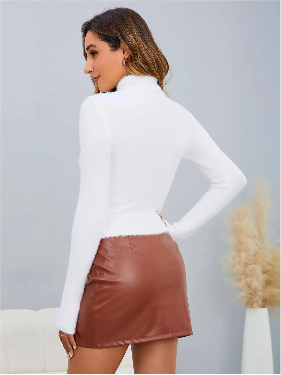 MakeMeChic Women's Fuzzy Turtleneck Sweater Slim Fit Long Sleeve Ribbed Knit Crop Sweater Pullover