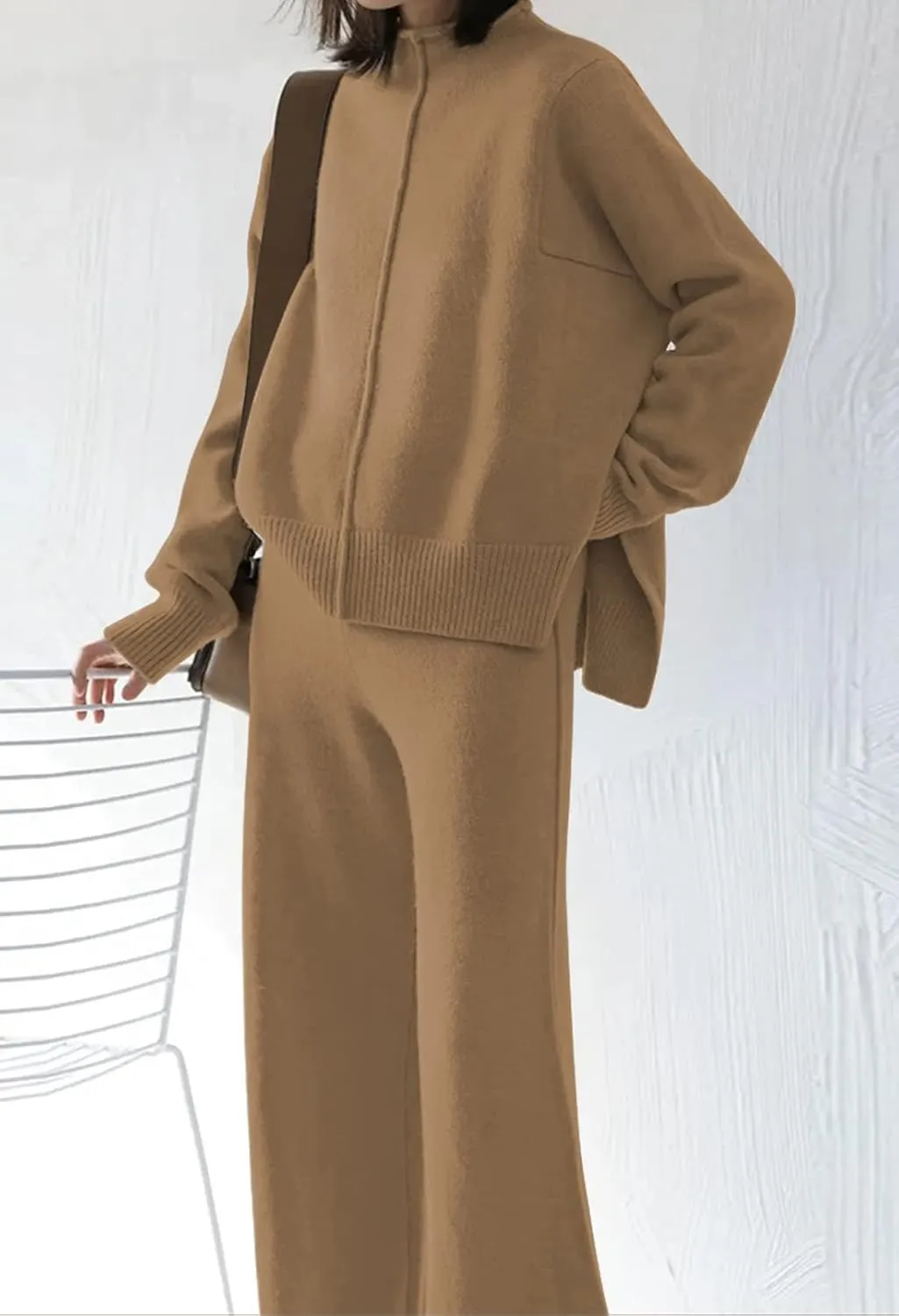 Meenew Women's High Neck 2 Piece Sweatsuit Long Sleeve Knit Sweater Tops Wide Leg Pants Set Outfits