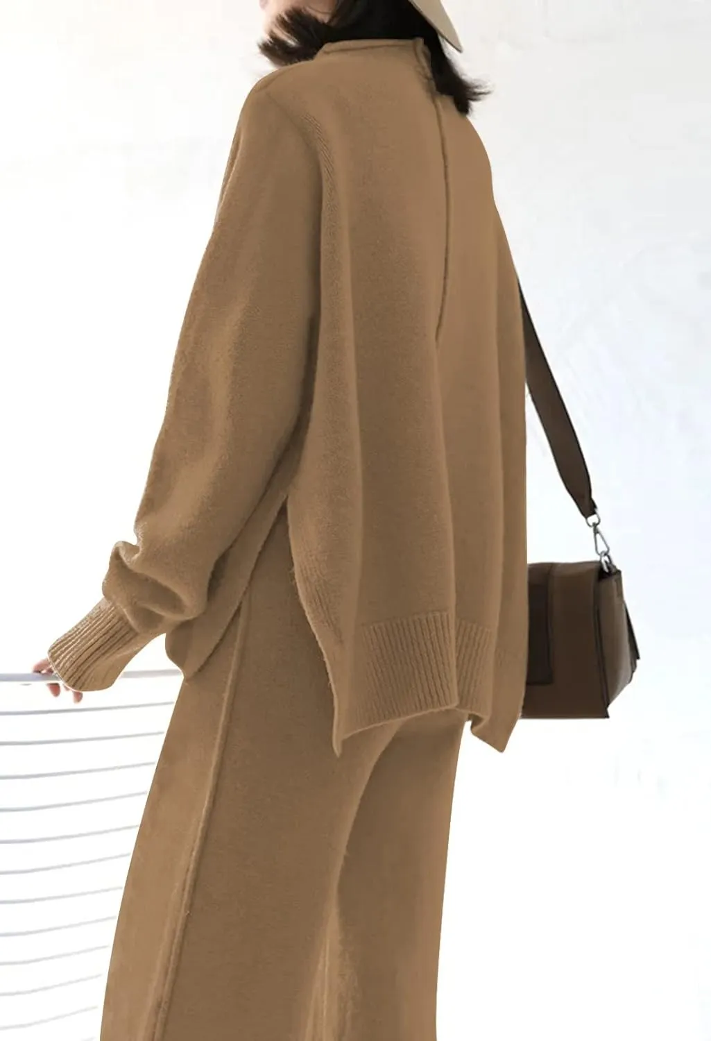 Meenew Women's High Neck 2 Piece Sweatsuit Long Sleeve Knit Sweater Tops Wide Leg Pants Set Outfits