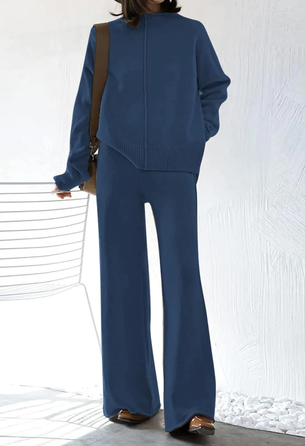 Meenew Women's High Neck 2 Piece Sweatsuit Long Sleeve Knit Sweater Tops Wide Leg Pants Set Outfits