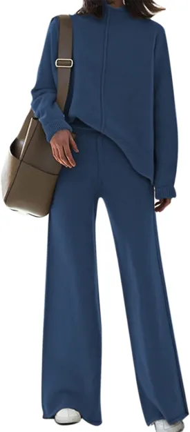 Meenew Women's High Neck 2 Piece Sweatsuit Long Sleeve Knit Sweater Tops Wide Leg Pants Set Outfits