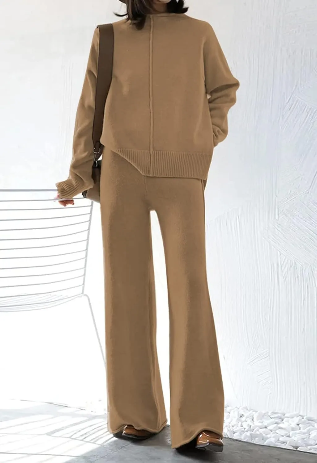 Meenew Women's High Neck 2 Piece Sweatsuit Long Sleeve Knit Sweater Tops Wide Leg Pants Set Outfits