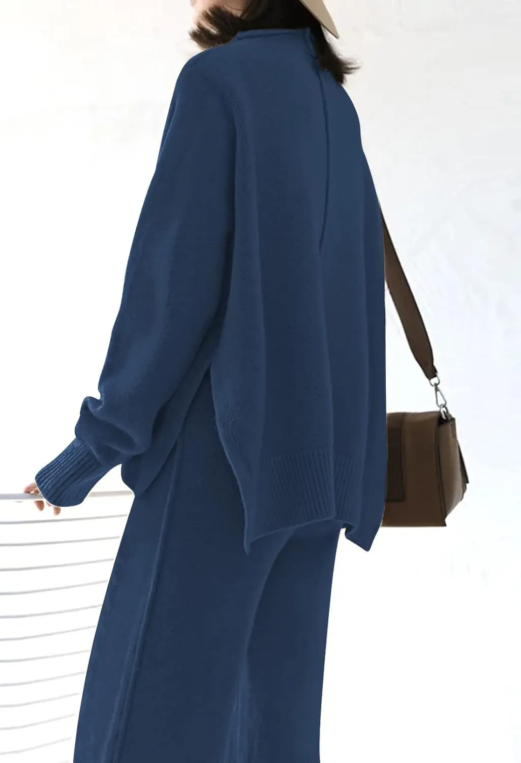 Meenew Women's High Neck 2 Piece Sweatsuit Long Sleeve Knit Sweater Tops Wide Leg Pants Set Outfits