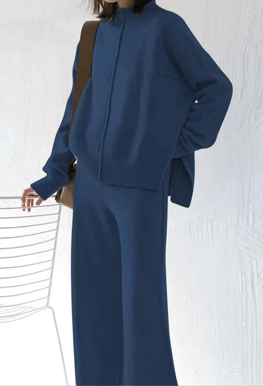 Meenew Women's High Neck 2 Piece Sweatsuit Long Sleeve Knit Sweater Tops Wide Leg Pants Set Outfits
