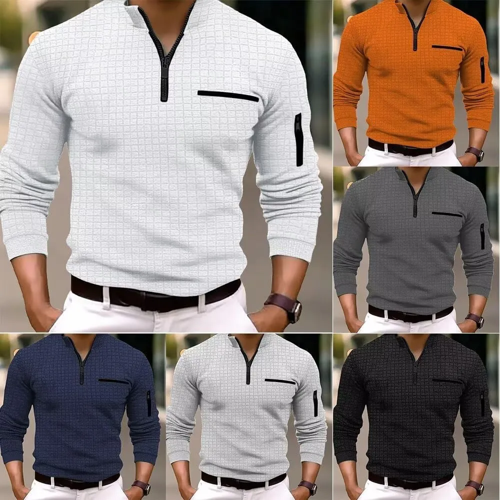 Men's Quarter Zip Polo Shirts Long Sleeve Pullover Lightweight Mock Neck Casual Slim Fit Golf Polo Shirt