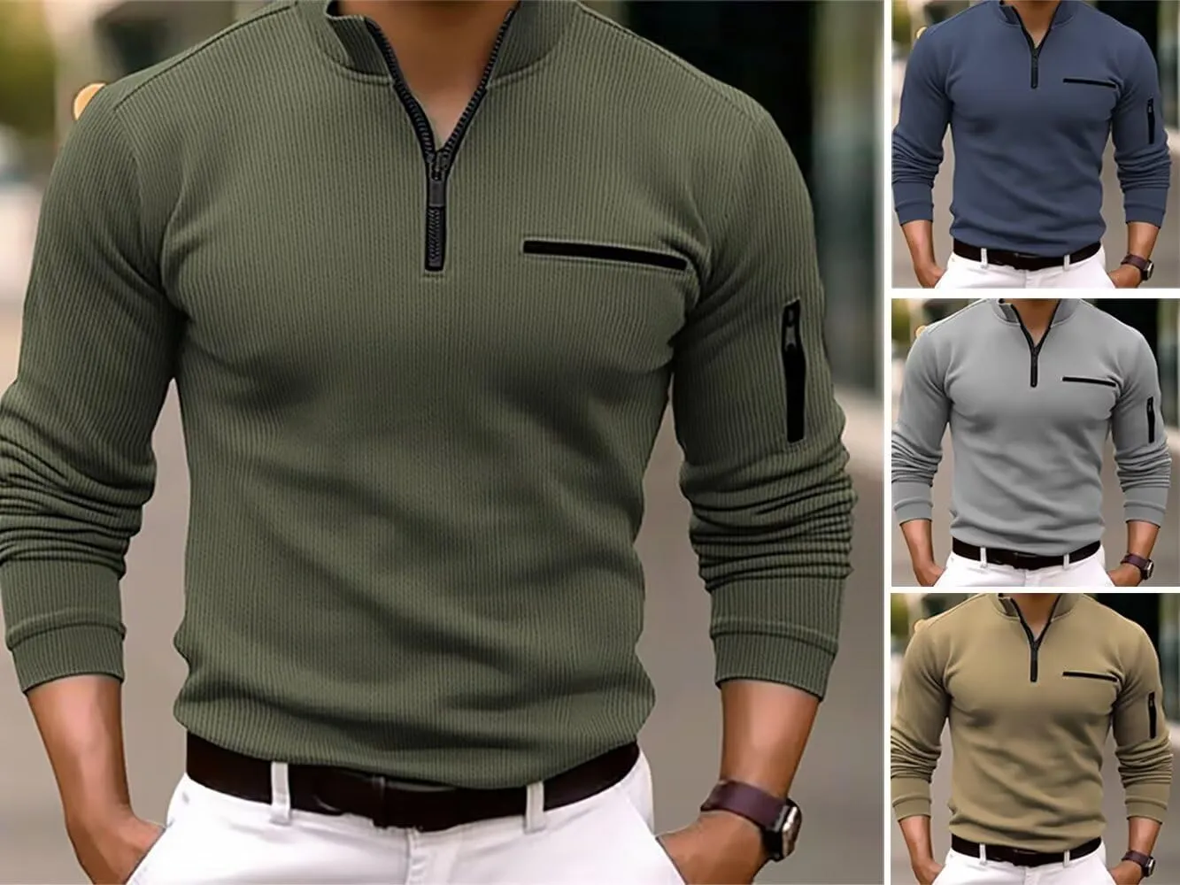 Men's Quarter Zip Polo Shirts Long Sleeve Pullover Lightweight Mock Neck Casual Slim Fit Golf Polo Shirt