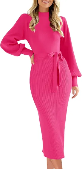 MITILLY Women's 2024 Fall Winter Lantern Sleeve Sweater Elegant High Neck Ribbed Knit Bodycon Cocktail Midi Dress