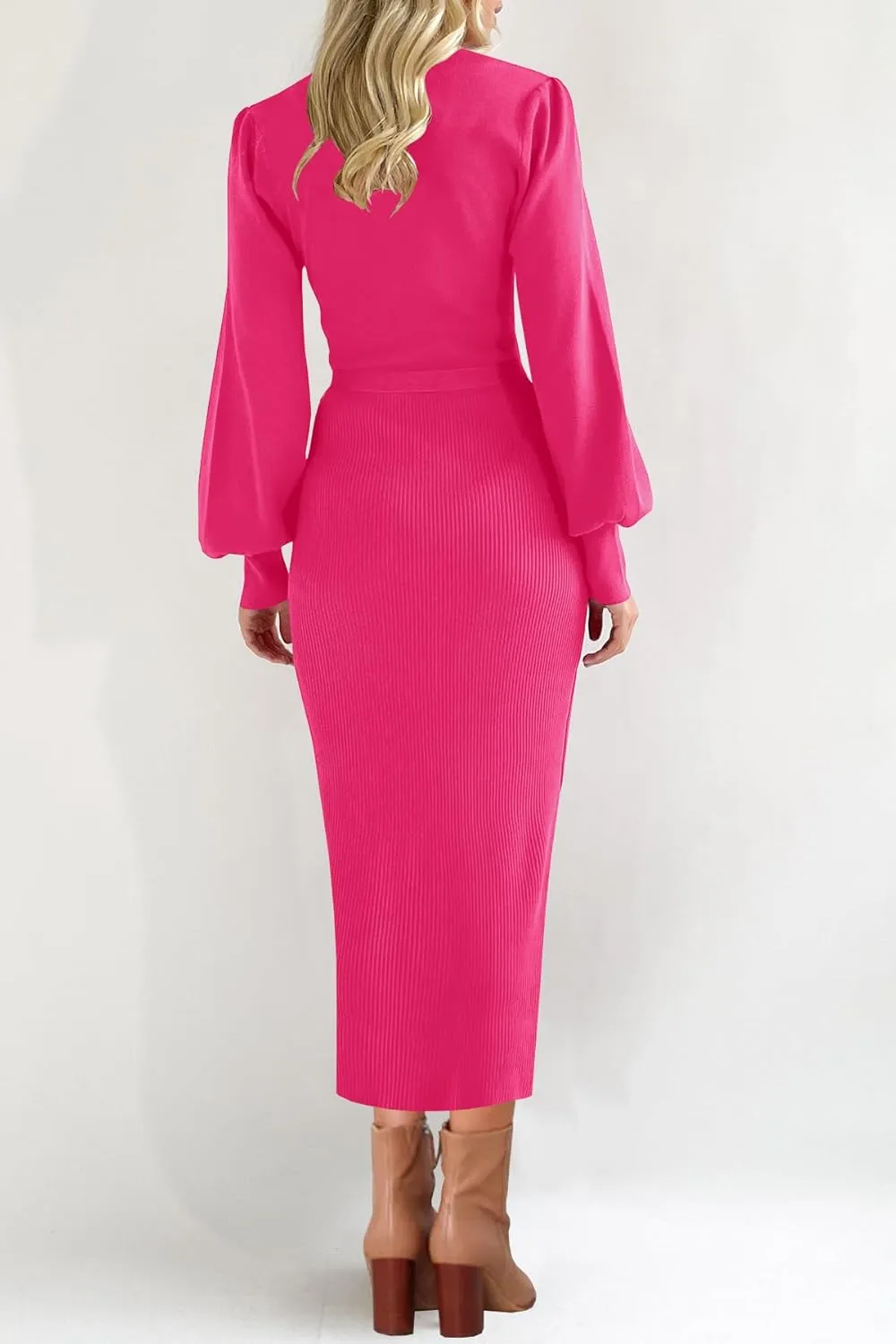 MITILLY Women's 2024 Fall Winter Lantern Sleeve Sweater Elegant High Neck Ribbed Knit Bodycon Cocktail Midi Dress