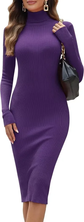 ninovino Women's Turtleneck Ribbed Knit Long Sleeve Slim Fit Sweater Dress