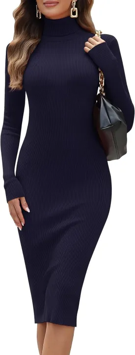 ninovino Women's Turtleneck Ribbed Knit Long Sleeve Slim Fit Sweater Dress