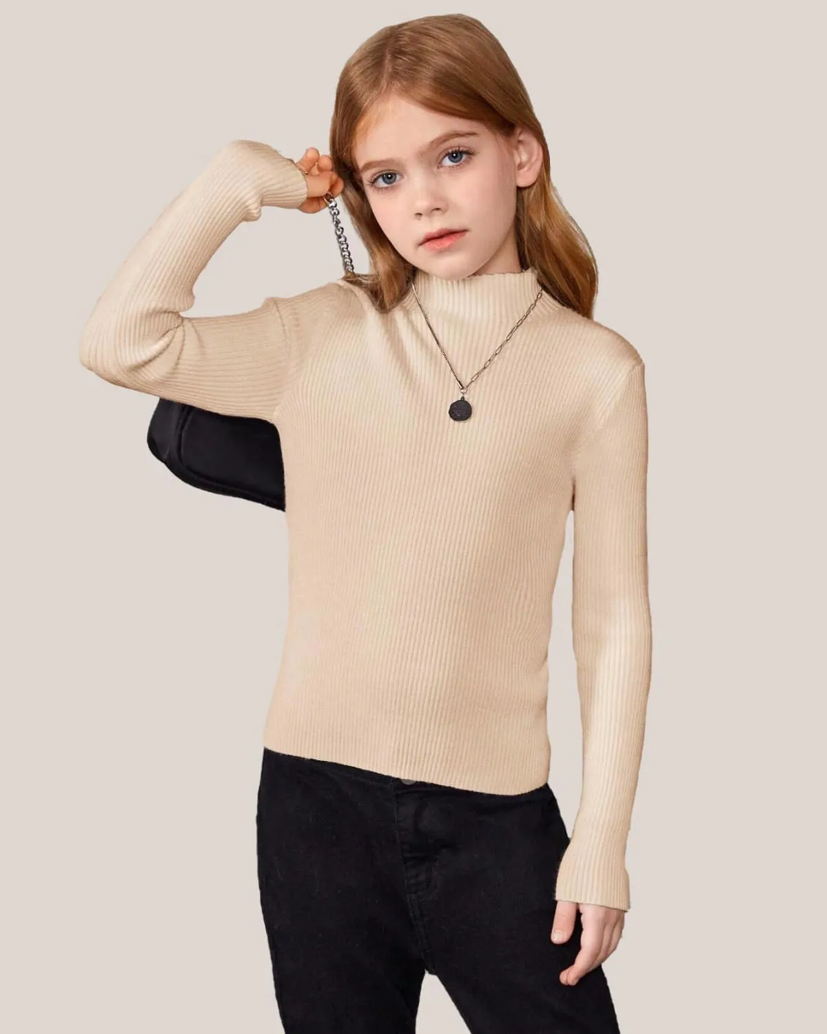 OEBLD Girl's Mock Turtleneck Sweater Ribbed Knit Long Sleeve Pullover Soft Stretch Slim Fitted Top
