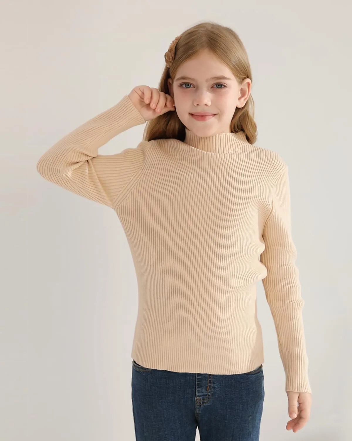 OEBLD Girl's Mock Turtleneck Sweater Ribbed Knit Long Sleeve Pullover Soft Stretch Slim Fitted Top