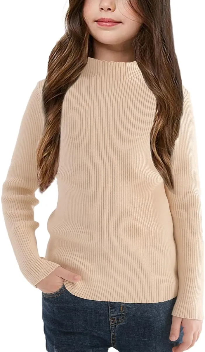 OEBLD Girl's Mock Turtleneck Sweater Ribbed Knit Long Sleeve Pullover Soft Stretch Slim Fitted Top