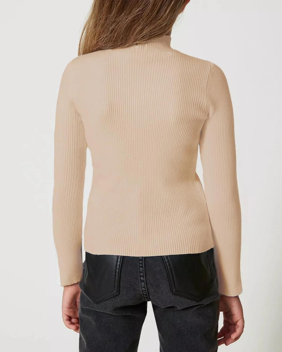 OEBLD Girl's Mock Turtleneck Sweater Ribbed Knit Long Sleeve Pullover Soft Stretch Slim Fitted Top