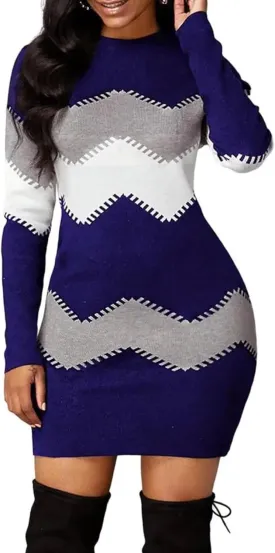 PEHMEA Women's Striped Mini Bodycon Sweater Dress Long Sleeve Knitted Slim Fit Pullover Dresses