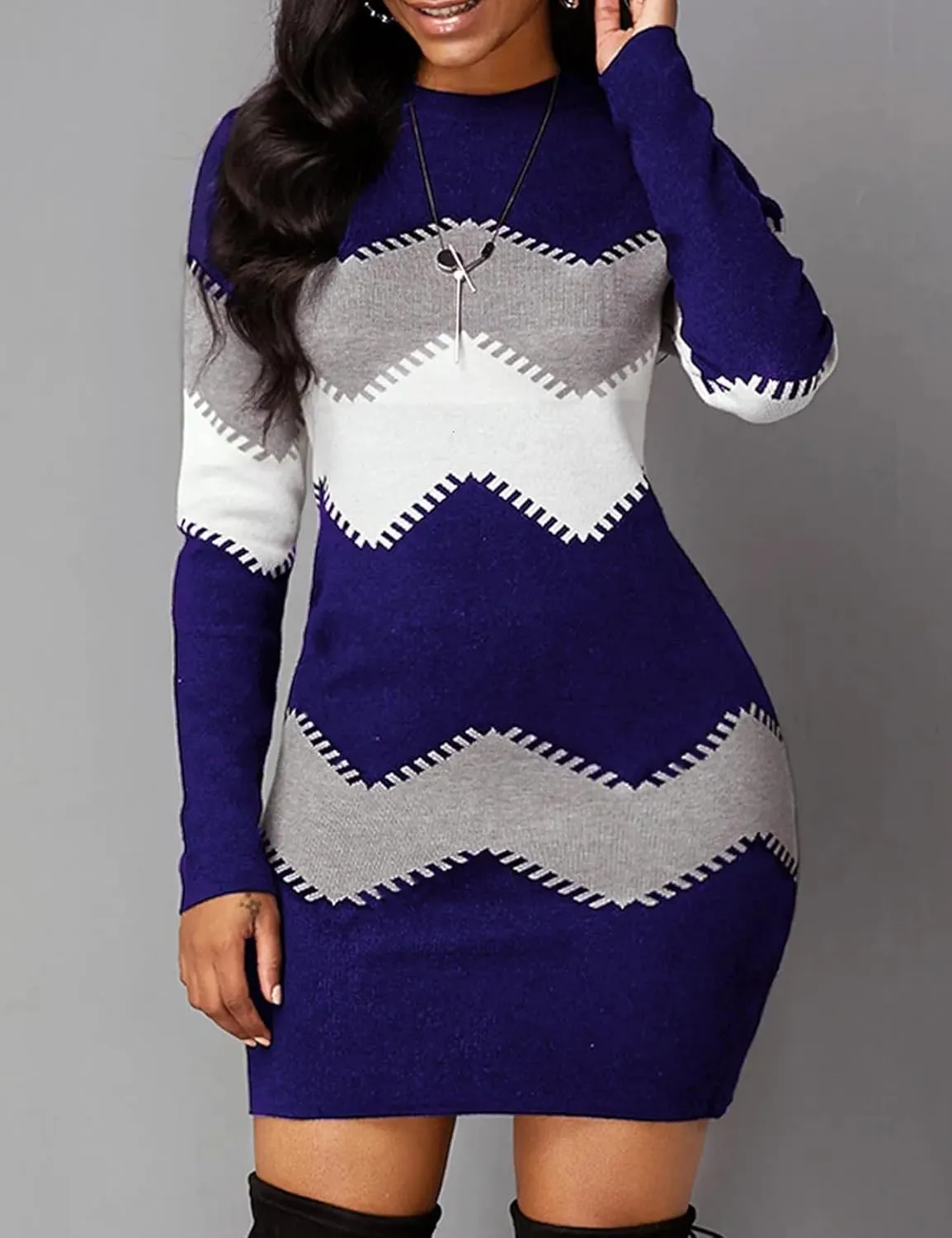 PEHMEA Women's Striped Mini Bodycon Sweater Dress Long Sleeve Knitted Slim Fit Pullover Dresses