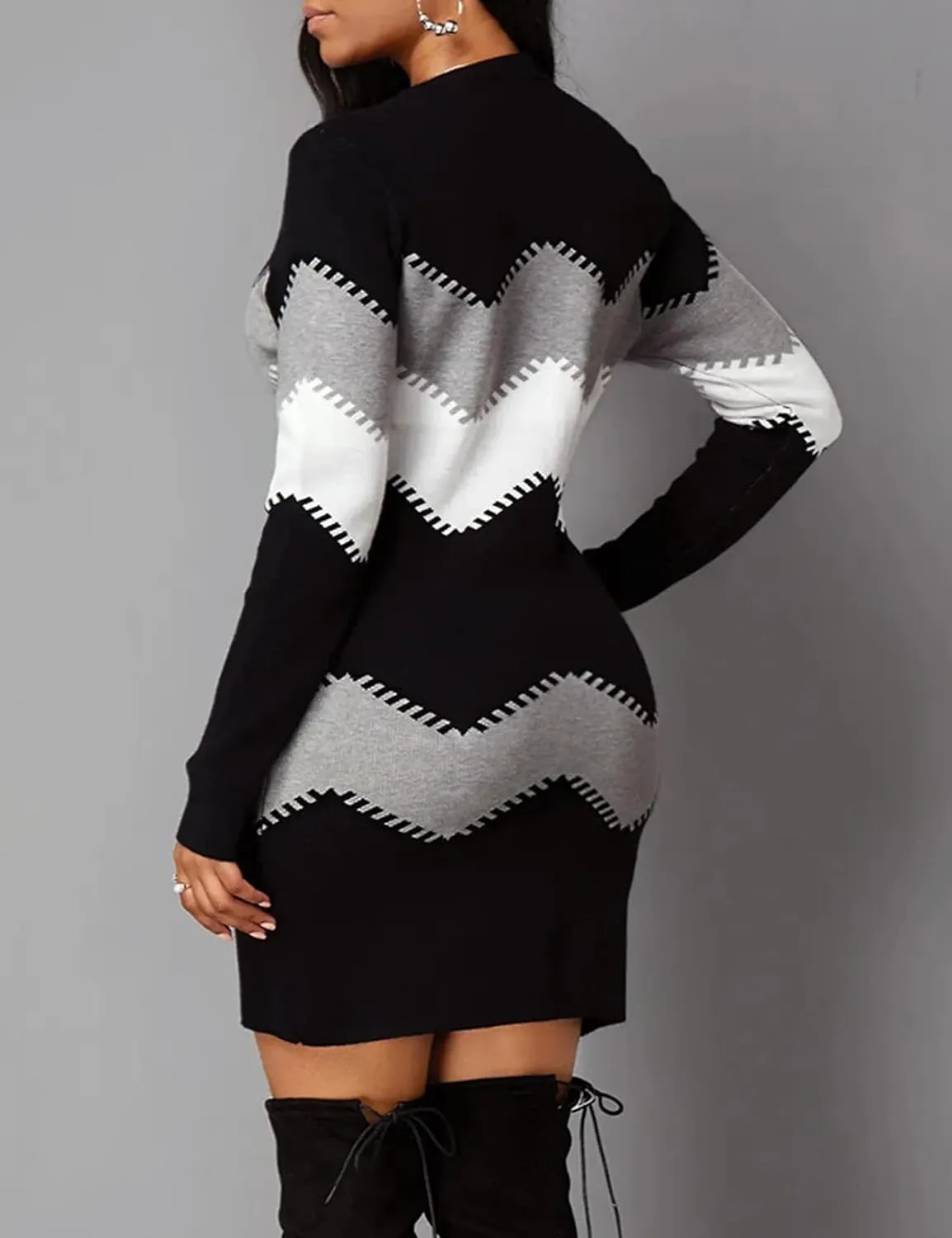 PEHMEA Women's Striped Mini Bodycon Sweater Dress Long Sleeve Knitted Slim Fit Pullover Dresses