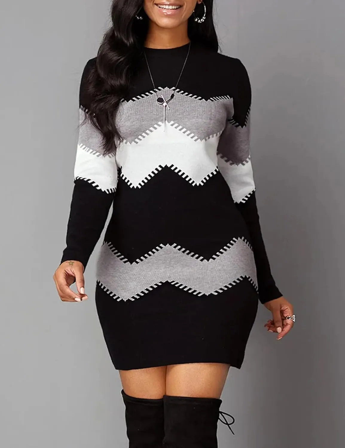 PEHMEA Women's Striped Mini Bodycon Sweater Dress Long Sleeve Knitted Slim Fit Pullover Dresses