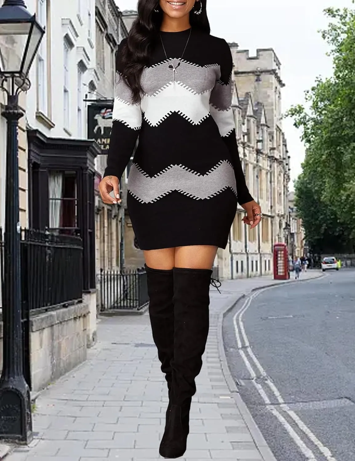 PEHMEA Women's Striped Mini Bodycon Sweater Dress Long Sleeve Knitted Slim Fit Pullover Dresses