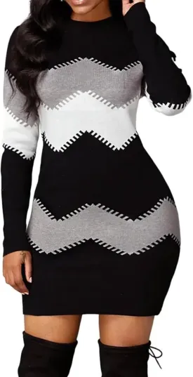 PEHMEA Women's Striped Mini Bodycon Sweater Dress Long Sleeve Knitted Slim Fit Pullover Dresses