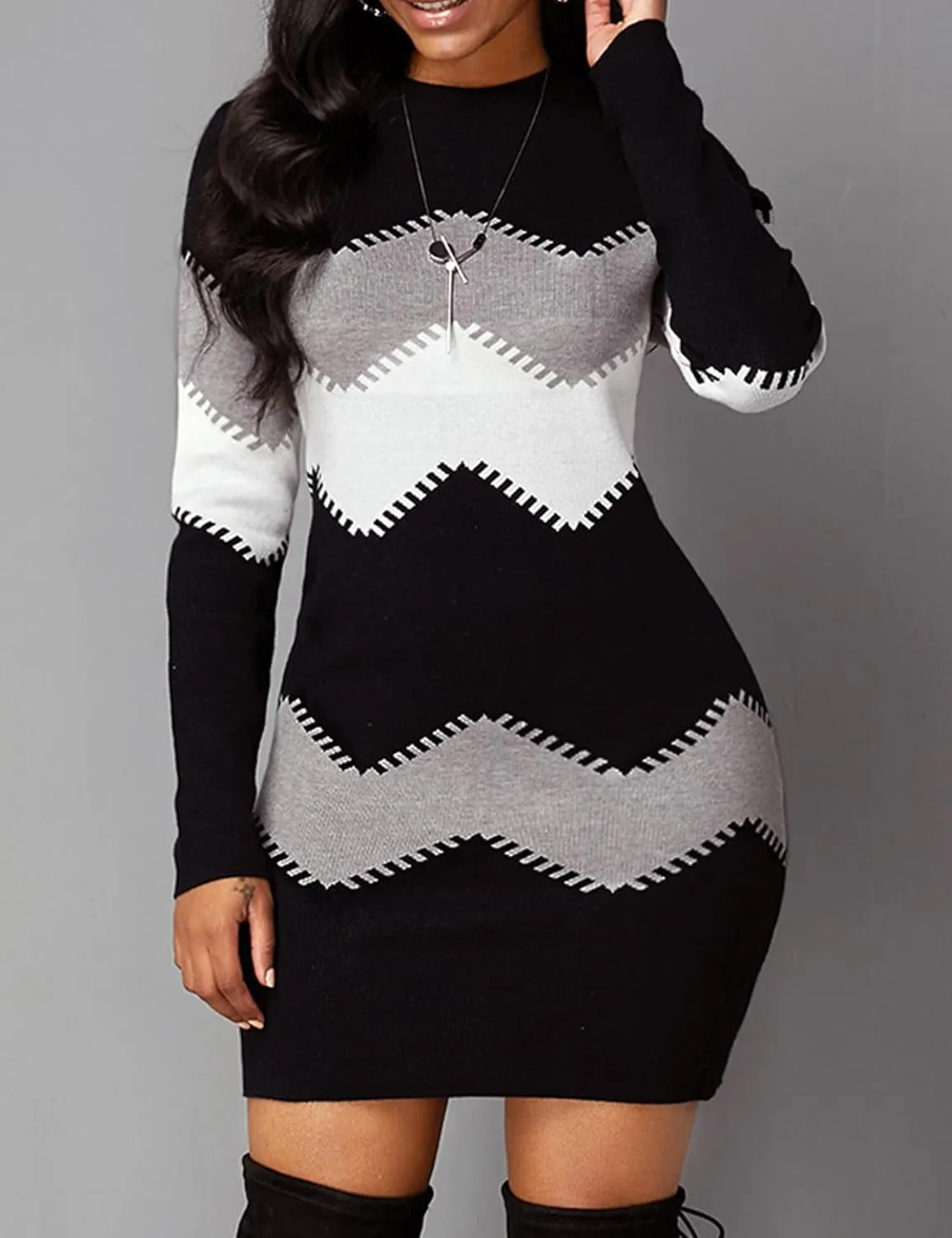 PEHMEA Women's Striped Mini Bodycon Sweater Dress Long Sleeve Knitted Slim Fit Pullover Dresses
