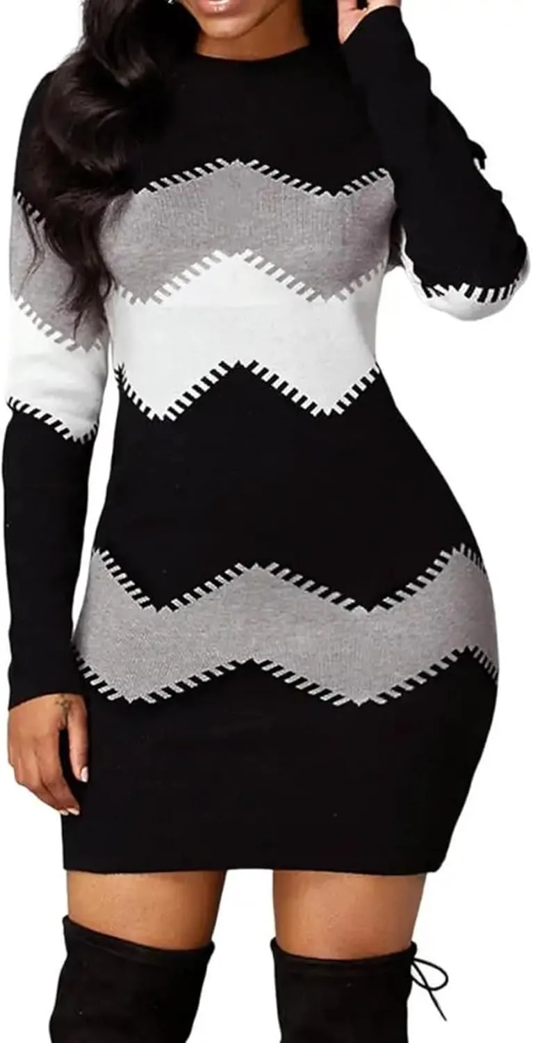 PEHMEA Women's Striped Mini Bodycon Sweater Dress Long Sleeve Knitted Slim Fit Pullover Dresses