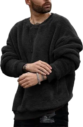 Pengfei Mens Fuzzy Sherpa Pullover Sweatshirts Long Sleeve Fleece Fluffy Crew Neck Fall Winter Warm Outwears