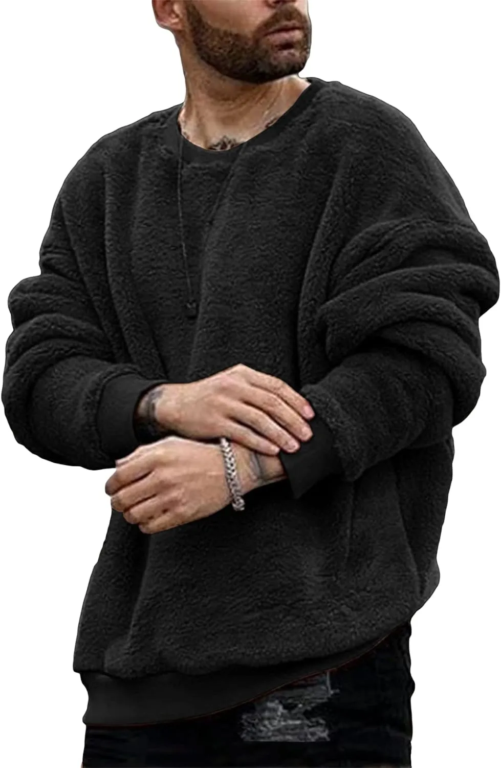 Pengfei Mens Fuzzy Sherpa Pullover Sweatshirts Long Sleeve Fleece Fluffy Crew Neck Fall Winter Warm Outwears