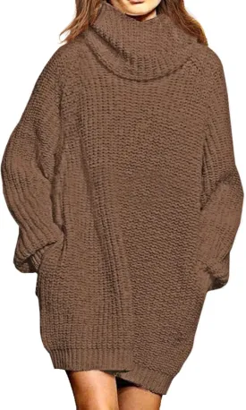 Pink Queen Women's Loose Turtleneck Oversize Long Pullover Sweater Dress