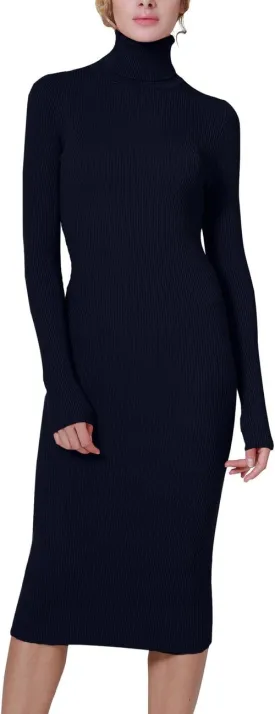 Rocorose Women's Turtleneck Ribbed Elbow Long Sleeve Knit Sweater Dress