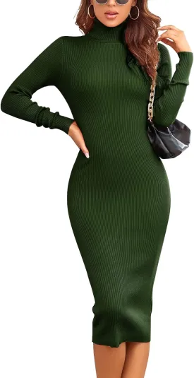 Rocorose Women's Turtleneck Ribbed Elbow Long Sleeve Knit Sweater Dress