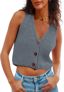 Saodimallsu Womens Cropped Sweater Vest V Neck Button Down Y2k Crop Knit Summer Trendy Sleeveless Chunky Tank Tops