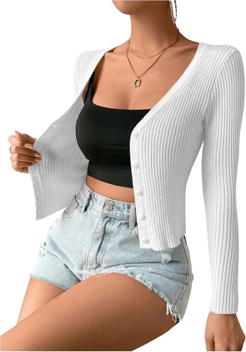SHENHE Women's Ribbed Knit Button Down V Neck Lightweight Cropped Cardigan Sweater