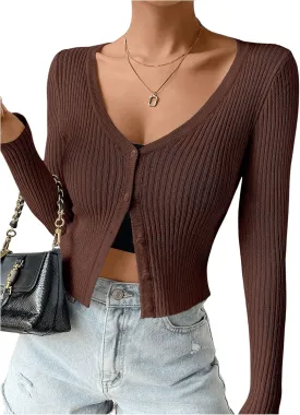 SHENHE Women's Ribbed Knit Button Down V Neck Lightweight Cropped Cardigan Sweater